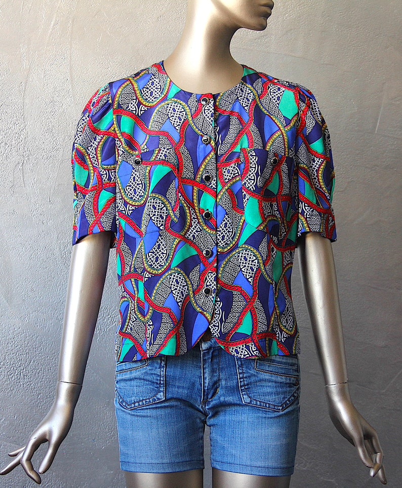 80's satin blouse with colorful print image 2