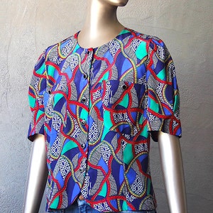 80's satin blouse with colorful print image 5