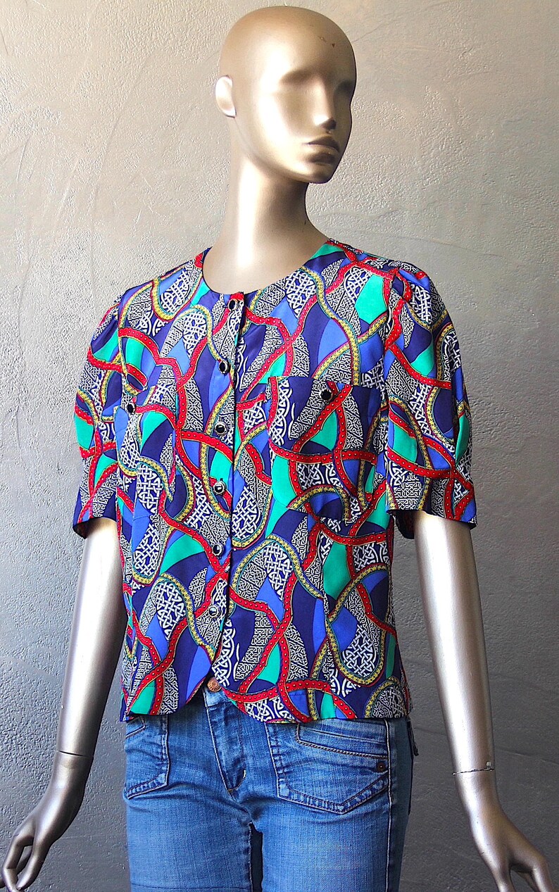 80's satin blouse with colorful print image 5