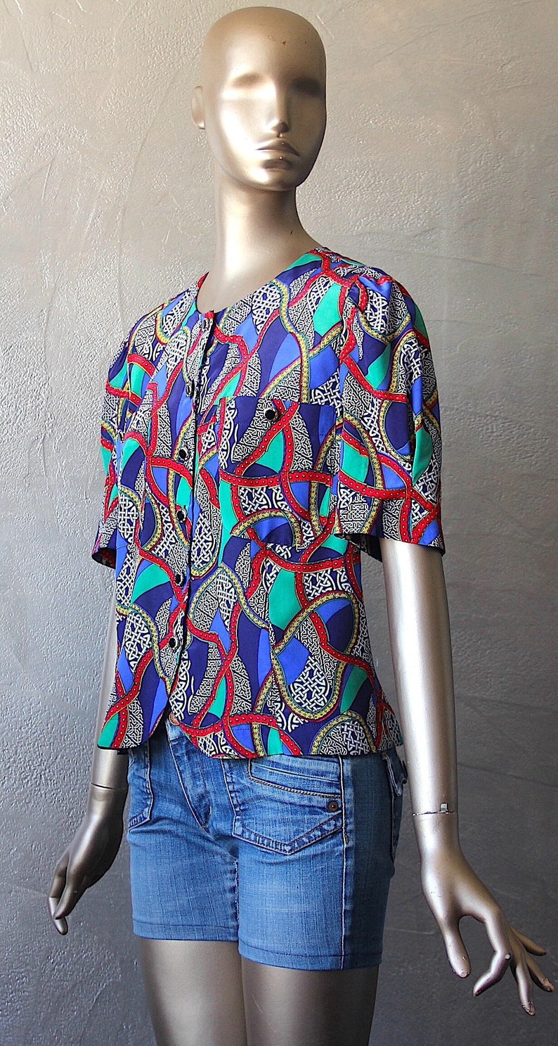 80's satin blouse with colorful print image 1