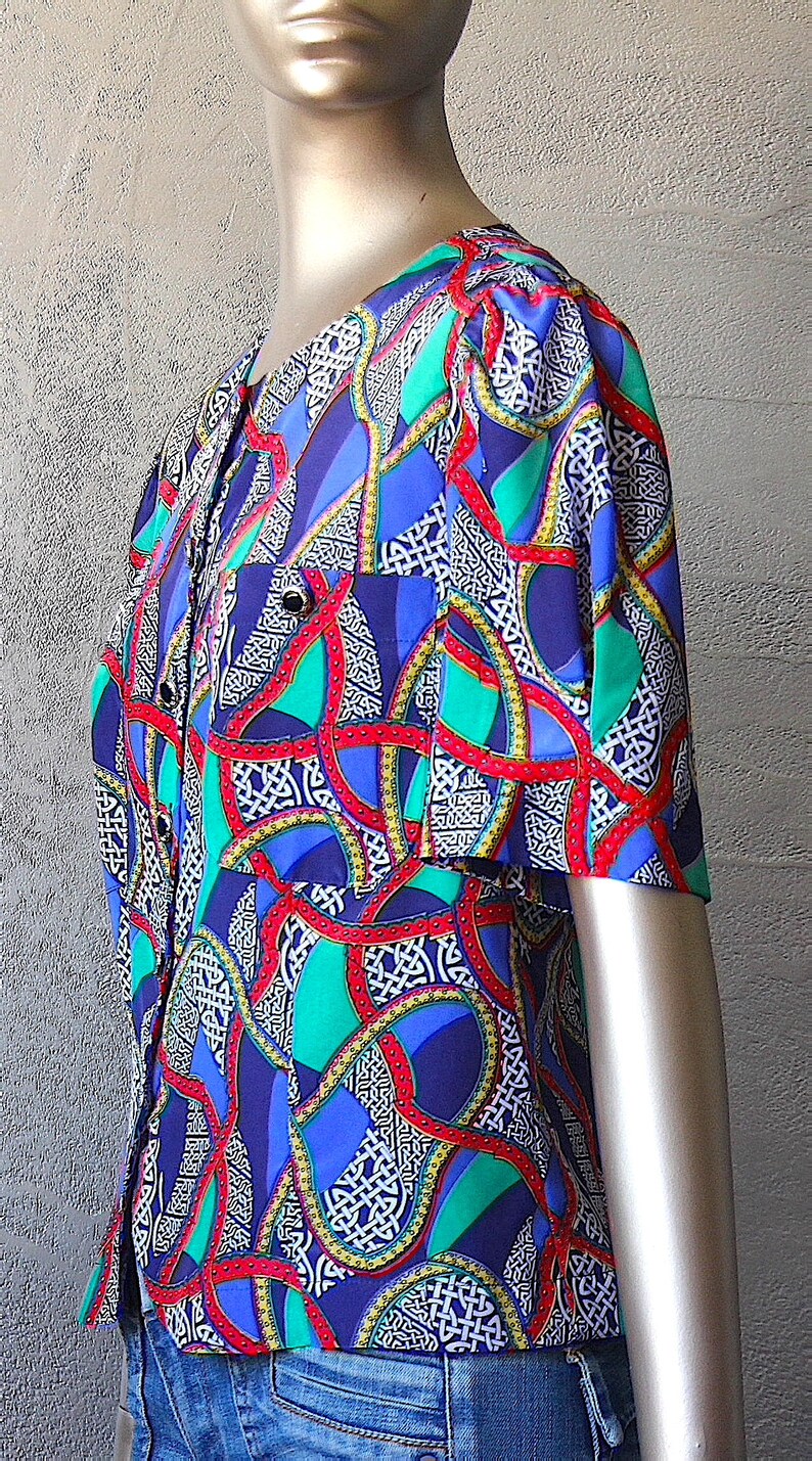 80's satin blouse with colorful print image 9