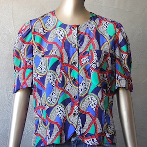 80's satin blouse with colorful print image 4