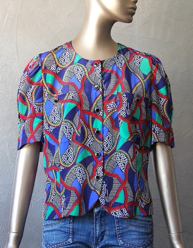 80's satin blouse with colorful print image 4