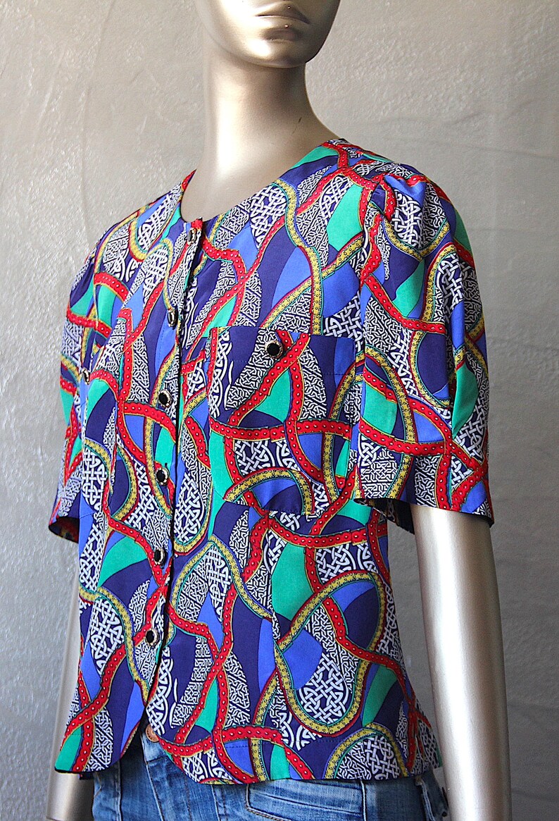 80's satin blouse with colorful print image 3