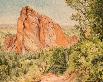 Tuin van de Goden, Landschapsdruk, De kunst van Colorado, Colorado Springs, Het landschap van de aquarel, aarddruk, grote openluchtkunst, rotsvormingen