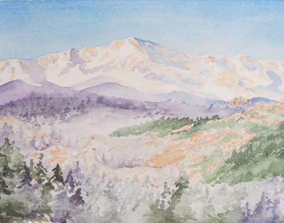 Pike's Peak Painting, watercolor landscape, Colorado 14er, landscape painting, woodland print, forest print, gift for hiker, nature print