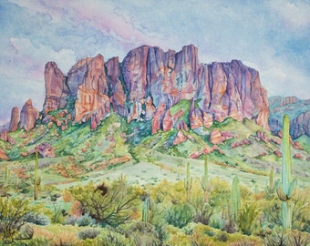 De Bergen aquarel van het bijgeloof, het landschap van Arizona, zuidwestenkunst, bergwaterverf, cactus het schilderen, woestijnlandschap, saguarocactus