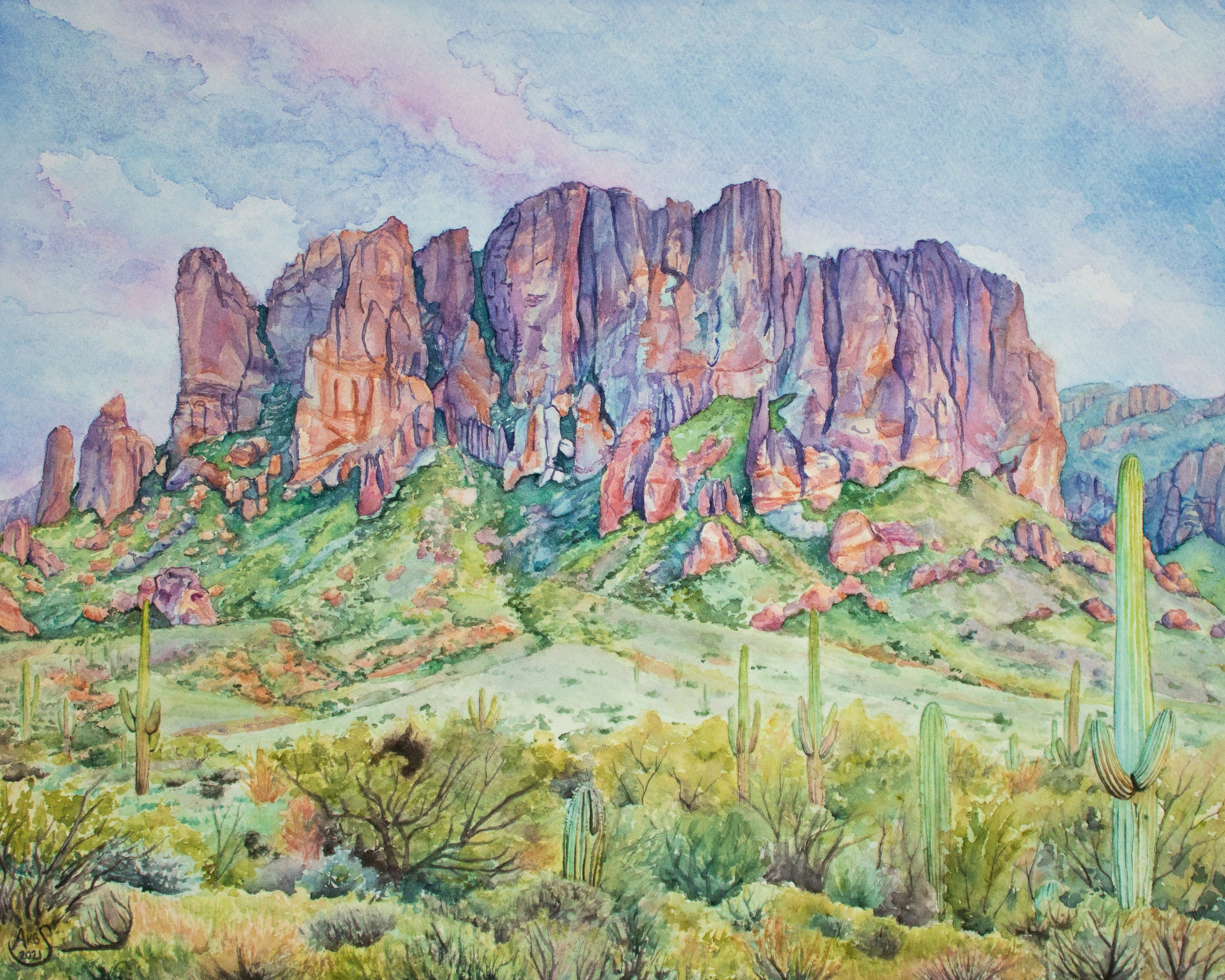 Superstition Mountains Watercolor Print, Arizona Landscape