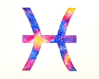 Signo del zodíaco de Piscis, arte del horóscopo Piscis, arte de la astrología, arte espacial, arte de la pared del zodiaco, acuarela celestial, constelaciones del zodiaco impresión