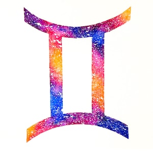 Puede incluir: Una pintura de acuarela del signo del zod&iacute;aco G&eacute;minis. El signo est&aacute; representado en un esquema de colores arco&iacute;ris vibrante con un patr&oacute;n de galaxia.
