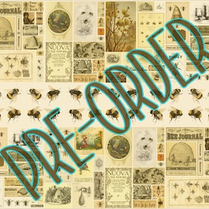 May include: A vintage collage featuring images of bees, honeycombs, and beekeeping equipment. The collage is in shades of brown, yellow, and white, with a pre-order label overlayed on top. The text "The American Bee Journal" and "Home Sweet Home" are visible in the collage.