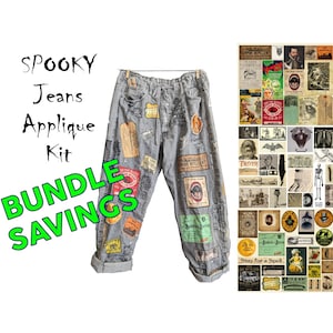 Puede incluir: Un kit de bricolaje para personalizar jeans con parches vintage de temática espeluznante. El kit incluye un par de pantalones vaqueros de mezclilla y una variedad de parches con imágenes de murciélagos, calaveras y otros motivos espeluznantes. El texto "Spooky Jeans Applique Kit Bundle Savings" se muestra en la imagen.