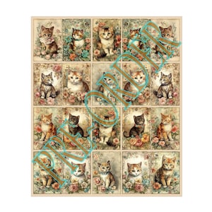 Puede incluir: Un collage de 16 imágenes con gatos en varias poses, cada uno rodeado de arreglos florales. Los gatos están representados en un estilo vintage con colores suaves y detalles intrincados.