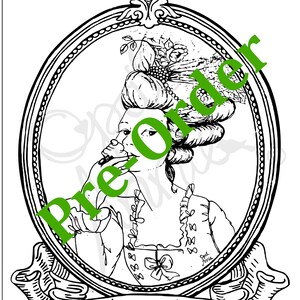 May include: A black and white line drawing of a woman in a large, elaborate wig and a dress. She is holding a piece of cake in her hand. The image is framed in an oval and has the text "Let them eat cake!" underneath.