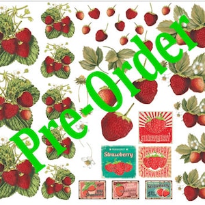 May include: A digital collage featuring red strawberries with green leaves. The strawberries are arranged in various patterns and designs, including a vintage-style strawberry label with the text "Strawberry" and "Strawberry 57¢".