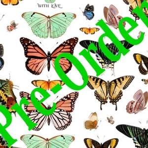 Peut inclure: Un fond blanc avec une variété de papillons colorés. Les papillons sont de différentes tailles et positions. Le texte "Pré-commande" est écrit en grandes lettres vertes sur l'image. Le texte "Avec amour" est écrit en lettres noires plus petites dans le coin supérieur gauche de l'image.
