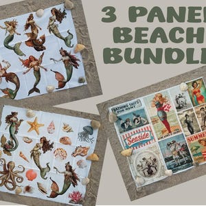 May include: A 3 panel beach bundle featuring three white fabric panels with printed designs. One panel shows various mermaids, another displays mermaids and sea life, and the third features vintage-style beach and summer themed illustrations.