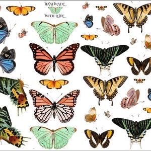 May include: A selection of butterfly illustrations in a variety of colours and patterns, including orange, blue, yellow, and green. The phrase "HANDMADE WITH LOVE" is written in cursive at the top.