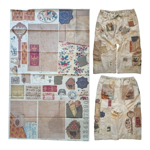 May include: A beige fabric panel featuring a collage of vintage-style illustrations, including floral patterns, keys, stamps, and text, alongside a pair of matching cropped pants with an elastic waistband and a scattered patchwork print design.