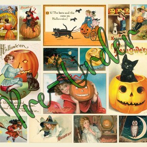Może przedstawiać: Winietkowy kolaż halloweenowy z obrazami dzieci przebranych za czarownice, koty i dynie. Kolaż zawiera tekst, taki jak "Hallowe'en" i "A Merry Halloween".