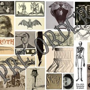 Könnte beinhalten: Eine Collage aus Vintage-Illustrationen mit einer Vielzahl von Motiven. Enthält ein Skelett, eine Fledermaus, eine Person mit behaartem Gesicht, das Wort "TRUTH", einen Tausendfüßler und eine Zeichnung einer Person, die geht.