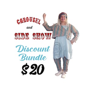 Puede incluir: Un paquete de descuento para un carrusel y un espectáculo secundario, con una mujer que lleva una chaqueta y pantalones a rayas, con el texto "Carousel and Side Show Discount Bundle $20".