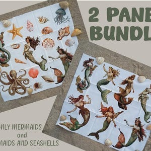 Puede incluir: Dos paneles de tela blanca con ilustraciones impresas de sirenas, un pulpo, una medusa y varias conchas marinas. El texto 2 PANEL BUNDLE y ONLY MERMAIDS and MERMAIDS AND SEASHELLS está impreso en la imagen con una fuente verde oscuro.
