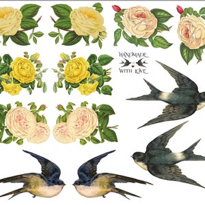May include: A digital collage sheet featuring images of yellow and white roses, green leaves, and black and white swallows. The text "Handmade with Love" is included in the image.