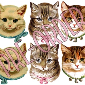 May include: Four vintage illustrations of cats with different fur patterns and colors. The cats are wearing collars with bells and ribbons. The illustrations are in a cartoon style and have a whimsical feel.