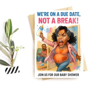 Invitación divertida para baby shower: "¡Estamos en fecha de parto, no en descanso!" - Tarjeta de embarazo divertida para parejas - Humor atrevido para futuras mamás