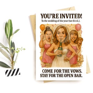 Cartão de convite de casamento engraçado – Você está convidado para o caos – Humor de bar aberto para convidados