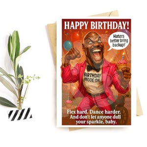 Cartão de aniversário engraçado para ele – Celebração flexível e brilhante – Humor ousado e confiante