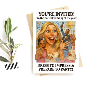 Grappige huwelijksuitnodigingskaart – Hilarische feestscène – Over-the-top viering