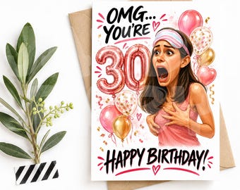 Op de afbeelding: Een verjaardagskaart met een geschokt persoon die een slaapmasker draagt, met de tekst OMG... YOU'RE 30 en HAPPY BIRTHDAY! De kaart is versierd met roze en gouden ballonnen, waaronder grote cijferballonnen van 30 en hartvormige ballonnen.