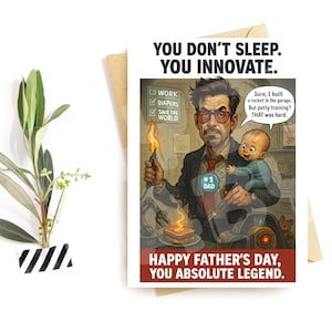 Lustige Vatertags Karte – Erfinder Papa Parodie – Urkomische Eltern Karte – Tech Genius Humor – Karte für Superhelden Väter