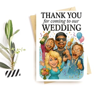 Cartão de agradecimento para casamento – Cartão de agradecimento engraçado para festa de celebridades, Cartão de agradecimento hilário para convidados de casamento, Humor para recepção