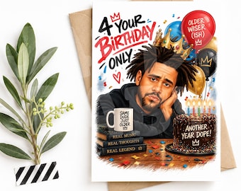 May include: A birthday greeting card featuring an illustration of a man with dreadlocks wearing a gold crown. Text reads 4 YOUR BIRTHDAY ONLY, OLDER WISER (ISH), SAME DUDE JUST OLDER, REAL MUSIC, REAL THOUGHTS, REAL LEGEND, and ANOTHER YEAR DOPE!