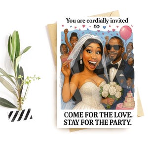 Convite engraçado para cartão de casamento – Venha pelo design do amor – Paródia dos noivos – Clima de festa hilário – Cartão para casais ou convidados