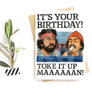Divertente biglietto di auguri per compleanno di un fumatore – Parodia di Toke It Up Maaaaan – Biglietto di auguri per due comici con furgone vintage