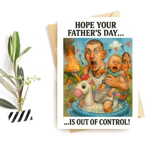 Divertente biglietto per la festa del papà – Biglietto per papà fuori controllo – Umorismo esilarante e caotico – Parodia genitoriale – Biglietto per lui dai bambini