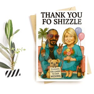 Cartão de agradecimento engraçado para casamento – Paródia de Fo Shizzle – Convidados confortáveis no sofá – Vibrações de champanhe e pug – Humor hilário na recepção