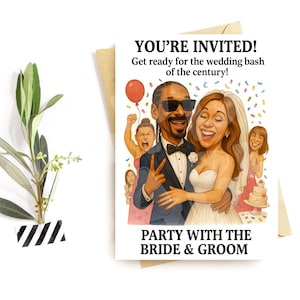 Cartão de convite de casamento engraçado – Festa de noiva e noivo – Paródia de celebração de festa – Cartão de humor de casamento – Convite hilário para convidados