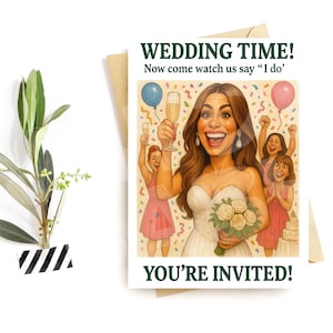 Faire-part de mariage amusant - Carte de mariée chaotique - Caricature d'invitation à une fête - Scène de groupe hilarante - Humour sauvage pour une fête
