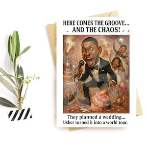Grappige kaart bruiloft – parodie chaosontwerp – wilde receptiegroet – over-the-top gastenkaart – gedurfde feesthumor