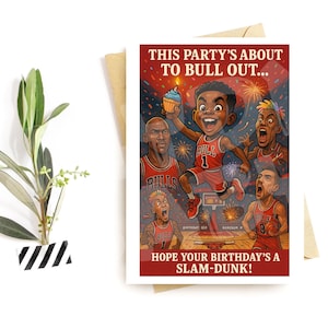 Lustige Basketball Grußkarte - 90er Sport Geburtstagskarte – Karikatur der ikonischen Chicago Era – Retro Geschenk für Ihn oder Papa mit Haltung