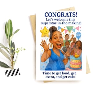Grappige babyshowerkaart – superster aanstaande moeder – luide en extra feestvibes – hilarische felicitatiekaart – kleurrijke humor bij aankomst baby
