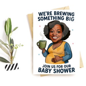 Funny Baby Shower Invitation Card – “We’re Brewing Something Big” – Coffee Theme Mom-to-Be Invite – Cute Caricature Style