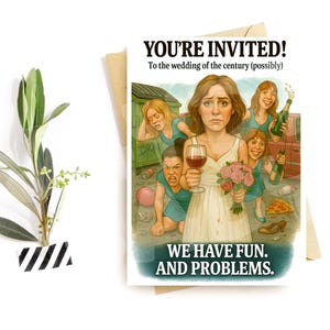 Convite de casamento engraçado – Cartão de festa de casamento caótico, Humor hilário para madrinhas, Anúncio de recepção selvagem