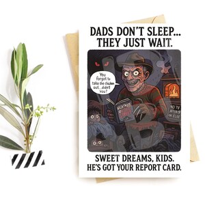 Tarjeta de Papá Pesadilla: Divertida tarjeta para el Día del Padre, Parodia aterradora sobre la crianza de los hijos, Humor hilarante para el boletín de calificaciones