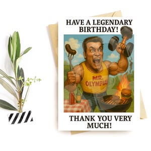 Cartão de aniversário engraçado para ele – Paródia do Sr. Olimpiano BBQ – Cartão de aniversário lendário com churrasco – Cartão hilário para os amigos da academia ou pais